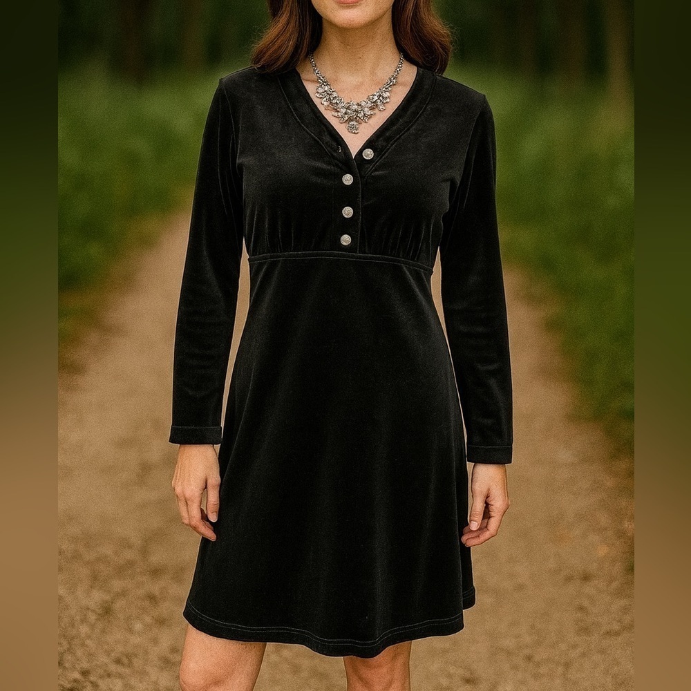 Vintage 90s Y2K Joni Blair Black Velvet Ribbed 3/4 Sleeve Dress Size 7/8 Small
